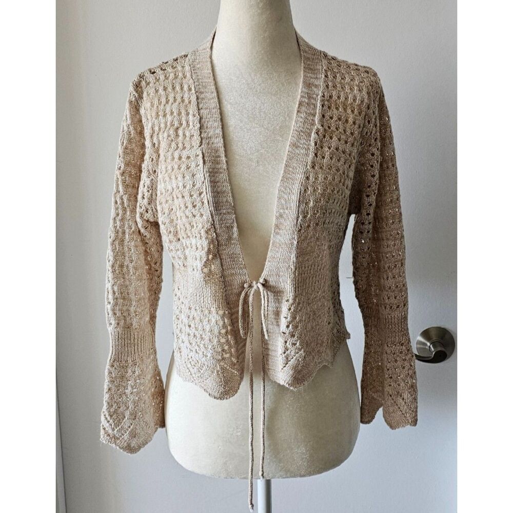 Sweet Kizz Women Tie Front Open Lace Beige Top Long Sleeves Size L